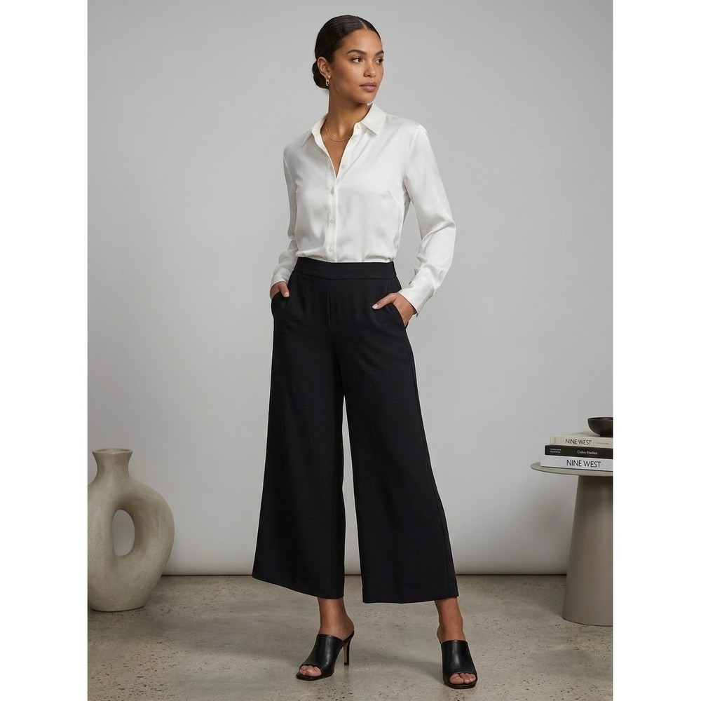 Nine West Black Wide Leg Cropped Pants Trousers Elastic Waist Size L